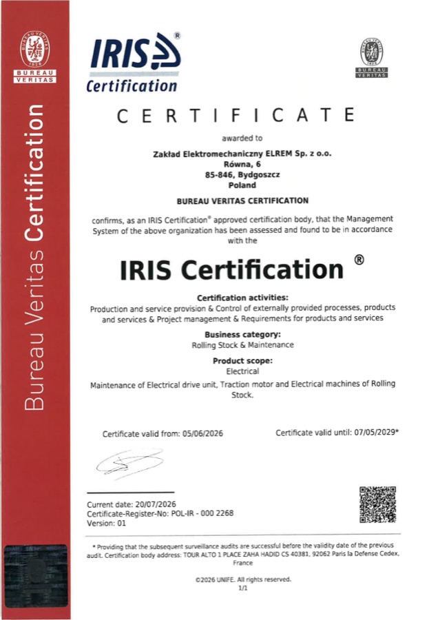 Certyfikat IRIS Certification® wydany dla Zakładu Elektromechanicznego ELREM przez Bureau Veritas Certification